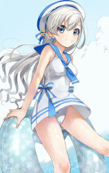 blue_bow blue_eyes blue_neckerchief blue_sailor_collar blush bow breasts cloud cloudy_sky dixie_cup_hat earrings feet_out_of_frame grey_hair hat highres hisakawa_hayate idolmaster idolmaster_cinderella_girls innertube jewelry long_hair looking_at_viewer military_hat neckerchief one-piece_swimsuit outdoors sailor_collar sailor_hat sailor_one-piece_swimsuit sailor_swimsuit_(idolmaster) sky small_breasts smile sweat swim_ring swimsuit water yano_sou