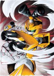 Rule 34 | 1boy, aiming, arm cannon, armor, clenched hand, cowboy shot, green eyes, helmet, highres, horns, humanoid robot, male focus, medarot, metabee, miura satoru, robot, solo, weapon, yellow armor, yellow helmet