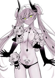 3girls absurdres bare_shoulders demon_horns earrings expressionless fate/grand_order fate_(series) green_eyes greyscale highres horns jewelry lilith_(fate) long_hair monochrome multiple_girls pubic_tattoo sakumin short_hair tattoo twintails underwear wings