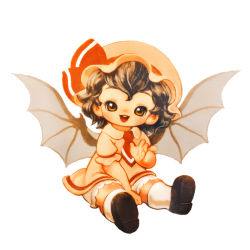 Rule 34 | 1girl, aged down, ascot, bad id, bad pixiv id, bat wings, bloomers, brown hair, colored pencil (medium), dress, female focus, graphite (medium), hand up, hat, hat ribbon, kneehighs, looking at viewer, mob cap, open mouth, orange eyes, remilia scarlet, ribbon, short hair, simple background, sitting, skirt, socks, solo, souri, touhou, traditional media, underwear, white background, wings