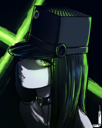 1girl absurdres black_background collar commentary english_commentary female_focus game_console glowing glowing_eyes green_eyes hat highres lips loen long_hair looking_at_viewer microsoft pale_skin personification simple_background solo xbox_series_x