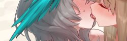 2girls arknights blush closed_eyes commentary_request french_kiss head_wings highres ho&#039;olheyak_(arknights) kiss mole mole_under_eye muelsyse_(arknights) multiple_girls open_mouth paid_reward_available tongue uof white_background wings yuri