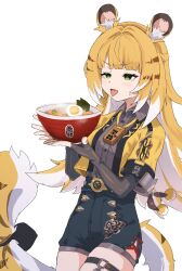 1girl absurdres animal_ear_fluff animal_ears black_gloves black_shorts blonde_hair bowl breasts collared_shirt colored_inner_hair cropped_jacket egg elbow_gloves fingerless_gloves food gloves green_eyes grey_shirt high-waist_shorts highres holding holding_bowl jacket ju_fufu long_hair multicolored_hair noodles open_mouth ramen shirt short_sleeves shorts simple_background small_breasts solo tail thigh_strap tiger_ears tiger_girl tiger_tail tongue tongue_out translation_request transparent_background white_hair yellow_jacket yucblossom zenless_zone_zero