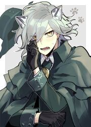 Rule 34 | 1boy, animal ear fluff, animal ears, black gloves, border, cat boy, cat ears, cloak, collared shirt, cross-shaped pupils, edmond dantes (fate), embarrassed, eyes visible through hair, fang, fate/grand order, fate (series), fedora, furrowed brow, gloves, green cloak, green hat, grey background, grey hair, hair over one eye, hands up, hat, highres, kemonomimi mode, long sleeves, looking at viewer, male focus, memna (renka roll), open mouth, outline, outside border, paw print, paw print background, shirt, short hair, simple background, sleeve cuffs, solo, symbol-shaped pupils, unworn hat, unworn headwear, upper body, white border, white outline, white shirt, wing collar, yellow eyes