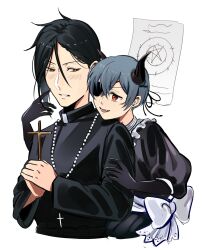 2boys absurdres age_difference bishounen black_hair blue_hair blush bow ciel_phantomhive cross demon_boy demon_horns earrings eyepatch gloves hair_between_eyes highres horns jewelry kuroshitsuji long_sleeves male_focus multiple_boys onii-shota priest red_eyes sebastian_michaelis short_hair simple_background uneasywolf white_background