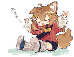 1girl ahoge animal_collar animal_ear_fluff animal_ears arms_up blue_shoes blue_shorts blush_stickers brown_hair clenched_hands closed_eyes collar commentary_request dog_ears dog_girl dog_tail fangs full_body hair_between_eyes hair_ornament hairclip highres invisible_chair layered_sleeves long_hair long_sleeves mamehinata name_tag notamaru_2 open_mouth red_collar red_shirt shirt shoe_soles shoes short_over_long_sleeves short_sleeves shorts shoulder_strap sidelocks single_ear_down sitting skin_fangs sneakers socks solo squeans stretching tail vrchat white_socks