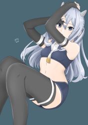 1girl aio ascot black_gloves blue_eyes blue_hair blue_skirt crop_top denim denim_skirt elbow_gloves fake_horns gloves gradient_ascot gradient_neckerchief gradient_necktie green_background hair_between_eyes headgear highres horned_headwear horns i-203_(kancolle) kantai_collection light_blue_hair long_hair neckerchief necktie nontraditional_school_swimsuit pencil_skirt sailor_collar school_swimsuit signature skirt solo swimsuit thighhighs white_neckerchief white_sailor_collar