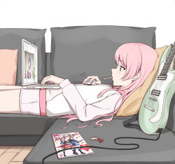 1girl anglediana bang_dream! bang_dream!_it&#039;s_mygo!!!!! blush bocchi_the_rock! cabbie_hat chihaya_anon chinese_commentary commentary_request computer_mouse electric_guitar flat_chest gotoh_hitori grey_eyes guitar hanazono_tae hat highres instrument jacket lap long_hair lying nagasaki_soyo on_back pink_hair plectrum shorts solo toyama_kasumi white_jacket white_shorts yuutenji_nyamu
