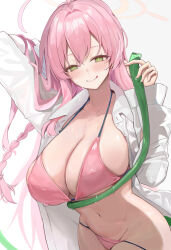 1girl absurdres ahoge arm_up bikini blue_archive blush braid breasts collarbone collared_shirt commentary covered_erect_nipples cowboy_shot green_eyes halo hanako_(blue_archive) hanako_(swimsuit)_(blue_archive) highres hose huge_breasts licking_lips long_hair long_sleeves looking_at_viewer official_alternate_costume pink_bikini pink_hair shirt simple_background smile solo swimsuit symbol-only_commentary tongue tongue_out usagi_melon3 wet white_background