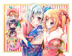 10s 2016 2girls :d blonde_hair blue_eyes character_request charlotte_labpeyn eyes_visible_through_hair hair_ornament hair_up hand_on_another&#039;s_shoulder highres izure_shinwa_no_houkago_sensou japanese_clothes kimono looking_at_another looking_back multiple_girls nengajou new_year open_mouth purple_eyes ruirui_shishigane sidelocks silver_hair smile youta