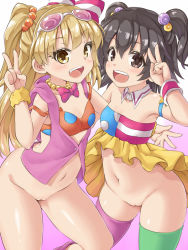 10s 2girls akagi_miria armband asymmetrical_legwear bare_shoulders black_hair blonde_hair blush bottomless bow brown_eyes cleft_of_venus detached_collar eyewear_on_head hair_bobbles hair_bow hair_ornament idolmaster idolmaster_cinderella_girls jewelry jougasaki_rika loli looking_at_viewer mismatched_legwear multiple_girls musouzuki namco navel necklace open_mouth pikapikapop pink_legwear pussy smile star_(symbol) strap_slip sunglasses thighhighs two_side_up uncensored v wristband yellow_eyes