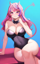 1girl absurdres artist_name biyo_yoo black_bow black_bowtie bow bowtie braid breasts cleavage collar covered_navel crossed_legs demon_girl demon_horns demon_tail earrings hair_ornament hairpin heart heart_hair_ornament highres horns ironmouse jewelry leotard long_hair pink_hair purple_eyes purple_hair shadow solo strapless strapless_leotard tail thighs virtual_youtuber vshojo white_collar x_hair_ornament