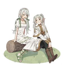 2girls :d arm_support black_pantyhose blush boots braid breasts brown_boots capelet character_request choker cleavage closed_mouth commentary_request double-parted_bangs dress earrings elf flower frieren frilled_choker frills full_body green_eyes green_ribbon green_shoes hair_between_eyes hair_ribbon highres jewelry knee_boots knees_up korean_commentary lily_of_the_valley long_dress long_hair long_sleeves low_twintails multiple_girls nupi_000 on_grass open-toe_shoes open_mouth outdoors pantyhose pointy_ears ribbon shoes simple_background sitting sitting_on_log small_breasts smile sousou_no_frieren tassel tassel_earrings teeth tongue twintails upper_teeth_only v_arms white_background white_capelet white_choker white_dress white_flower white_hair white_headdress