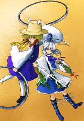 2girls black_shoes blonde_hair blue_boots blue_eyes blue_hat blue_skirt boots bow bowtie closed_mouth commentary_request expressionless full_body grey_hair hair_ribbon hat highres holding holding_weapon japanese_clothes kariginu kuji-in long_hair looking_at_viewer mononobe_no_futo moriya&#039;s_iron_rings moriya_suwako multiple_girls pom_pom_(clothes) purple_bow purple_bowtie purple_skirt purple_vest red_ribbon ribbon ribbon-trimmed_sleeves ribbon_trim ritsuzou robe shirt shoes simple_background skirt skirt_set smile socks tate_eboshi touhou vest weapon white_robe white_shirt white_socks wide_sleeves yellow_background yellow_eyes