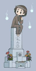 1other :t androgynous aqua_pupils barefoot between_legs bright_pupils brown_hair brown_pants brown_shirt closed_mouth commentary_request eating flower food food_bite food_on_face grave grey_background hand_between_legs hand_up highres hitodama holding holding_food incense looking_to_the_side medium_hair orange_flower original outline pants purple_flower red_flower religious_offering senbei shirt simple_background sitting solo takurada tombstone white_outline