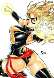 1girl aqua_eyes artist_request ass bare_shoulders black_gloves black_thighhighs blonde_hair blue_eyes breasts breasts_apart carol_danvers cowboy_shot curvy domino_mask elbow_gloves female_focus floating_hair gloves glowing glowing_hand groin halterneck highleg highleg_leotard highres hip_bones hip_focus huge_ass impossible_clothes large_breasts leotard lightning_bolt_symbol lips long_hair looking_at_viewer marvel mask ms._marvel ms._marvel_(series) shiny_skin skindentation solo standing superhero_costume thigh_gap thighhighs thong_leotard traditional_media turtleneck white_background wide_hips
