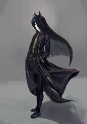Rule 34 | 1girl, absurdres, ahoge, belt, black belt, black coat, black pantyhose, black shirt, black shoes, black skirt, closed mouth, coat, collared shirt, ear tag, earrings, grey background, grey hair, hair between eyes, hands in pockets, highres, jewelry, long bangs, long hair, long hair between eyes, manhattan cafe (umamusume), multicolored hair, necktie, open clothes, open coat, pantyhose, pleated skirt, shirt, shoes, single earring, skirt, solo, standing, thefatum, umamusume, very long hair, yellow eyes, yellow necktie