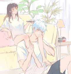 Rule 34 | 1boy, 1girl, bare legs, barefoot, black shorts, blue eyes, brown hair, collarbone, controller, couch, curtains, eeeng l, facial mark, gojou satoru, hair between eyes, hair over shoulder, hand on another&#039;s leg, hand on another&#039;s thigh, highres, holding, holding controller, holding remote control, iori utahime, jujutsu kaisen, lamp, legs, legs on another&#039;s shoulders, living room, long hair, looking to the side, mature female, mature male, messy hair, muscular, muscular male, on couch, orange eyes, pillow, pink pillow, plant, remote control, scar, scar on face, shirt, short hair, shorts, sidelocks, sitting, stuffed toy, table, thighs, white hair, white shirt