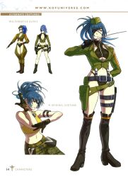 1girl bad_tag blue_eyes blue_hair boots breasts cleavage cleavage_cutout clothing_cutout commander curvy earrings eyepatch female_focus gloves hat heel_up huge_breasts jacket jewelry large_breasts latex leather leona_heidern long_hair long_sleeves military military_uniform no_pants pale_skin panties pants ponytail shiny_clothes shirt shoes snk_heroines:_tag_team_frenzy suspenders tank_top the_king_of_fighters thick_thighs thighs tight_clothes underwear wide_hips