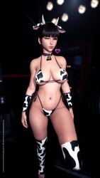 1girl 3d animal_ears animal_print bell bikini black_hair breasts cow_print cow_print_bikini cowbell crotch eve_(stellar_blade) fake_animal_ears fake_animal_horns fake_horns game_cg horns kissy_face large_breasts long_hair navel one_eye_closed print_bikini standing stellar_blade stomach swimsuit thighhighs thighs
