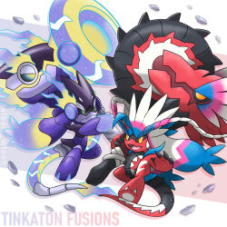 Rule 34 | albrt-wlson, artist name, character name, claws, closed mouth, debris, english text, fangs, fusion, highres, holding, holding weapon, koraidon, miraidon, nintendo, open mouth, pokemon, pokemon (creature), pokemon focus, robot, skin fangs, smile, tinkaton, weapon