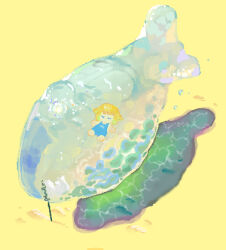 Rule 34 | 1girl, blonde hair, blue one-piece swimsuit, caustics, chibi, closed eyes, fish, floating liquid, from above, hair flaps, jaggy lines, no mouth, one-piece swimsuit, outdoors, ratarrattatt, sand, school swimsuit, shadow, short hair, solo, submerged, swimsuit, urotsuki, water, water drop, yume 2kki