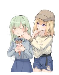 2girls absurdres bang_dream! bang_dream!_it&#039;s_mygo!!!!! baseball_cap belt black_belt blonde_hair blue_shirt blue_shorts blue_skirt brown_hat closed_mouth commentary crepe food green_hair hand_on_another&#039;s_face hat highres holding holding_crepe holding_food kaeru_(kaeee41917105) long_hair long_sleeves medium_hair misumi_uika multiple_girls one_eye_closed purple_eyes shirt shorts simple_background skirt smile torn_clothes torn_shorts wakaba_mutsumi white_background white_shirt yellow_eyes