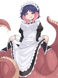 1girl apron blush breasts commentary_request highres itakama licking_lips lifting_own_clothes looking_at_viewer maid maid_apron maid_headdress medium_breasts mon-musu_quest! monster_girl purple_eyes purple_hair ran_(mon-musu_quest!) scylla solo tentacle_hair tentacles tongue tongue_out white_background
