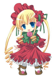 1girl :d blonde_hair blue_eyes bonnet bow bowtie brooch brown_shoes capelet chibi commentary_request dress drill_hair drill_sidelocks flower flower_brooch footwear_flower frilled_capelet frilled_dress frilled_sleeves frills full_body green_bow green_bowtie lolita_fashion long_hair long_sleeves looking_at_viewer morinaga_hinase open_mouth pantyhose pink_flower pink_rose red_capelet red_dress red_headwear rose rozen_maiden shinku shoes sidelocks simple_background smile solo standing twintails very_long_hair white_background white_pantyhose