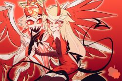 Rule 34 | 1boy, 1girl, 2008nei615, black thighhighs, blonde hair, charlie morningstar, colored sclera, demon boy, demon girl, demon horns, demon tail, demon wings, dress, father and daughter, fire, formal clothes, hazbin hotel, horns, long hair, lucifer morningstar (hazbin hotel), multiple wings, red dress, red horns, red sclera, sharp teeth, slit pupils, suit, tail, teeth, thighhighs, very long hair, wings