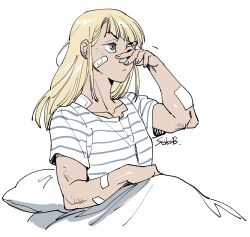 1girl bandaid bandaid_on_face blonde_hair blue_eyes hair_down highres ichigo_beeru limited_palette long_hair muscular muscular_female on_bed pillow rubbing_eyes shirt short_sleeves signature simple_background solo striped_clothes striped_shirt tomarigi_yasumi toshi_densetsu_kaitai_center under_covers white_background