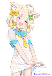 1boy ^_^ ahoge animal_ear_fluff animal_ears artist_name blonde_hair blue_sailor_collar blush bow cat_boy cat_ears cat_tail closed_eyes dress fish_hair_ornament hair_bow hair_ornament hazakura_hinata highres kaya_(hazakura_hinata) male_focus open_mouth sailor_collar see-through_clothes short_hair short_sleeves simple_background smile solo tail trap wet wet_clothes white_background yellow_bow