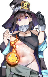 1girl black_gloves black_hair black_hat black_jacket black_panties breasts cleavage closed_mouth commentary en&#039;en_no_shouboutai english_commentary gloves hat highres hot_vr jacket large_breasts long_hair looking_at_viewer maki_oze navel panties purple_eyes simple_background smile solo subscribestar_logo subscribestar_username sweat underwear white_background witch_hat