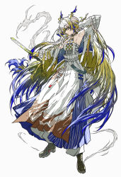 Rule 34 | 1girl, absurdres, angry, arknights, armpits, arms up, blonde hair, blue hair, brown footwear, commentary, dragon horns, eyeshadow, green eyes, highres, holding, holding sword, holding weapon, horns, jacket, jewelry, ligne claire, long hair, looking at viewer, makeup, multicolored hair, necklace, pants, red eyeshadow, shokikanes, shu (arknights), simple background, smoke, solo, strapless, sword, tube top, very long hair, weapon, white background, white jacket, white pants, white tube top