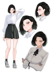 1girl absurdres black_hair black_ribbon black_skirt black_socks breasts buttons closed_mouth collared_shirt colored_tips deroo earrings eyelashes green_hair grey_eyes high-waist_skirt highres jewelry long_sleeves multicolored_hair multiple_views neck_ribbon original ribbon shirt shoes short_hair skirt sneakers socks white_background white_shirt white_shoes
