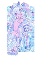 1girl bikini blue_tongue blush candy_hair_ornament colored_skin colored_tongue commentary detached_wings double-parted_bangs fang food-themed_hair_ornament grey_bikini grey_eyes grey_hair grey_jacket grey_shoes grey_thighhighs hair_between_eyes hair_ornament highres iridescent iridescent_jacket jacket loli long_hair long_sleeves one_eye_closed open_clothes open_jacket open_mouth original outline ozureiji pink_skin shoes skin_fang smile sneakers solo sparkle swimsuit symbol-only_commentary thighhighs tsurime v-shaped_eyebrows white_outline wings