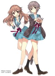 2girls asahina_mikuru black_socks blue_sailor_collar blue_skirt book brown_cardigan brown_eyes brown_hair cardigan full_body grey_hair highres holding holding_book ito_noizi kita_high_school_uniform long_hair long_sleeves looking_at_viewer multiple_girls nagato_yuki official_art open_cardigan open_clothes open_mouth pleated_skirt red_ribbon ribbon sailor_collar school_uniform serafuku shirt short_hair skirt smile socks suzumiya_haruhi_no_yuuutsu white_background white_shirt white_socks winter_uniform