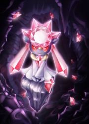 cave closed_mouth colored_sclera crystal diancie full_body gem gen_6_pokemon glowing highres jacy legendary_pokemon looking_at_viewer mythical_pokemon nintendo no_humans pink_eyes pokemon pokemon_(creature) pokemon_focus red_sclera rock smile solo v_arms