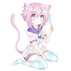 Rule 34 | 1girl, animal ears, cat ears, cat girl, cat tail, choker, closed mouth, d-pad, d-pad hair ornament, food, hair ornament, highres, holding, holding food, holding popsicle, hood, hooded track jacket, hoodie, jacket, jewelry, neck ring, neptune (neptunia), neptune (series), popsicle, purple eyes, purple hair, short hair, sidelocks, simple background, solo, striped clothes, striped thighhighs, tail, thighhighs, tombiefox, track jacket, usb, white background, white choker