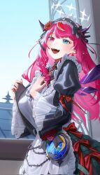 1girl :d apron black_dress blue_eyes blunt_bangs brooch commentary corrupted_twitter_file crinoline crystal_wings day double_halo dress drill_hair drill_sidelocks fangs flower hair_flower hair_ornament hair_ribbon halo hands_up hashtag-only_commentary heterochromia highres holding holding_tray hololive hololive_english indoors irys_(hololive) irys_(maid)_(hololive) jeong_jje jewelry juliet_sleeves layered_sleeves long_hair long_sleeves looking_at_viewer maid official_alternate_costume official_alternate_hairstyle open_mouth pointy_ears puffy_sleeves purple_eyes red_hair ribbon sidelocks single_hair_streak sleeve_belt smile solo star-shaped_pupils star_(symbol) star_halo symbol-shaped_pupils teeth tray upper_teeth_only victorian_maid virtual_youtuber white_apron wide_sleeves