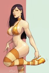 1girl bikini bikini_top_only black_hair bottomless breasts cross cross_earrings devilhs earrings gold_bikini gold_shoes high_heels highres jewelry large_breasts long_hair looking_at_viewer original pink_background ring shoes signature solo stripes_(devil_hs) swimsuit thighhighs two-tone_background two-tone_thighhighs white_background yellow_eyes yellow_thighhighs