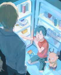 3boys antlers black_hair blonde_hair cigarette eating hhyy090 highres holding holding_cigarette horns male_focus monkey_d._luffy multiple_boys one_piece red_shirt refrigerator reindeer_antlers sanji_(one_piece) scar scar_on_face shirt short_hair shorts surprised sweatdrop t-shirt tony_tony_chopper