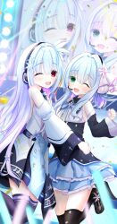2girls ;d bare_shoulders black_footwear black_shirt black_thighhighs blue_hair blue_skirt blunt_bangs blurry blush clenched_hand collared_shirt commentary_request confetti depth_of_field detached_sleeves dual_persona eyes_visible_through_hair feet_out_of_frame flower foot_out_of_frame frilled_skirt frills fur-trimmed_sleeves fur_trim glowstick green_eyes hair_flower hair_intakes hair_ornament hair_ribbon hamidashi_creative hand_up headphones headset highres hug light_blue_hair long_hair long_sleeves looking_at_viewer mame4ba2525 mary_janes medium_hair miniskirt multiple_girls nishiki_asumi one_eye_closed open_mouth petticoat pink_flower pink_ribbon red_eyes ribbon shirt shoes skirt sleeveless sleeveless_shirt smile stage standing standing_on_one_leg straight_hair thighhighs twitter_username two-tone_shirt very_long_hair white_flower white_shirt wide_sleeves yukige_shiki zettai_ryouiki