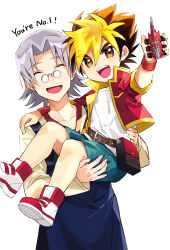 Rule 34 | 2boys, age difference, amanogawa ryuusei, andou loid, apron, bag, belt, blue apron, brown eyes, collarbone, curtained hair, english text, glasses, grey hair, highres, holding, holding toy, jacket, jinzou konchuu kabutoborg vxv, kuroda (kuro yyy), male focus, multicolored hair, multiple boys, open mouth, pince-nez, red jacket, satchel, shoes, shorts, simple background, toy, toy car, two-tone hair, white background, white shoes