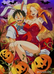 Rule 34 | 1boy, 1girl, ;d, absurdres, animal ears, bare legs, bare shoulders, bat (animal), black hair, breasts, candy, carrying, chandllucky, cleavage, cloud, cloudy sky, collarbone, collared shirt, cosplay, dress, earrings, elbow gloves, eyes visible through hair, facial scar, feet out of frame, food, full moon, gloves, halloween, hat, highres, holding, holding candy, holding food, jessica rabbit, jessica rabbit (cosplay), jewelry, large breasts, legs, long hair, monkey d. luffy, moon, nami (one piece), one eye closed, one piece, open mouth, orange hair, overalls, pearl earrings, polka dot bowtie, princess carry, pumpkin, rabbit ears, red dress, red overalls, roger rabbit, roger rabbit (cosplay), scar, scar on cheek, scar on face, shirt, short hair, short sleeves, shoulder tattoo, sky, smile, sparkle, strapless, strapless dress, straw hat, tattoo, teeth, thighs, twitter username, unworn hat, unworn headwear, upper teeth only, wavy hair, white gloves, white shirt, who framed roger rabbit