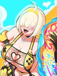 Rule 34 | 1girl, absurdres, ahoge, blonde hair, blush, breasts, clothing cutout, elegg (boom and shock) (nikke), elegg (nikke), fang, gloves, goddess of victory: nikke, hair intakes, hair over eyes, heart cutout, highres, large breasts, long bangs, looking at viewer, michellehemora, multicolored hair, open mouth, purple eyes, see-through slingshot swimsuit, shiny skin, short hair, slingshot swimsuit, smile, solo, standing, swimsuit, two-sided gloves, two-tone hair, yellow gloves, yellow innertube, yellow slingshot swimsuit