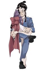 Rule 34 | 1boy, 1girl, ace attorney, barefoot, beads, black eyes, black hair, black shoes, blue jacket, blue pants, collared shirt, hair beads, hair ornament, hand on another&#039;s thigh, hanten (clothes), highres, hug, interlocked legs, jacket, long hair, looking at viewer, low-tied sidelocks, maya fey, necktie, obi, omen hohoho, open mouth, pants, phoenix wright, purple jacket, red necktie, red sash, sash, shirt, shoes, short hair, sidelocks, signature, smile, spiked hair, topknot, white background, white shirt