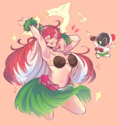 1girl arm_up breasts broken_halo closed_eyes coconut_bra coconut_cup dancing grass_bracelet grass_skirt guilty_gear guilty_gear_strive halo hand_on_own_face highres hula jack-o&#039;_valentine long_hair multicolored_hair poopiepluto red_hair stomach tropical