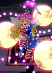 1girl absurdres american_flag american_flag_dress american_flag_pants american_flag_print arm_up artist_name blonde_hair clownpiece crazy danmaku dress fairy_wings fire flag_print flying full_body hat highres holding holding_torch hoshiringo0902 jester_cap long_hair looking_at_viewer moon neck_ruff no_shoes open_mouth pants polka_dot print_pants purple_eyes purple_fire purple_hat smile solo spell_card star_(symbol) star_print striped_clothes striped_dress striped_pants teeth tongue torch touhou wavy_hair wings