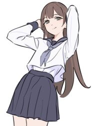 1girl blue_skirt bow breasts brown_eyes brown_hair closed_mouth hair_between_eyes highres kashiwa_(iersansi) long_hair long_sleeves looking_at_viewer neckerchief original pleated_skirt sailor_collar shirt simple_background skirt solo tongue tongue_out white_background white_shirt